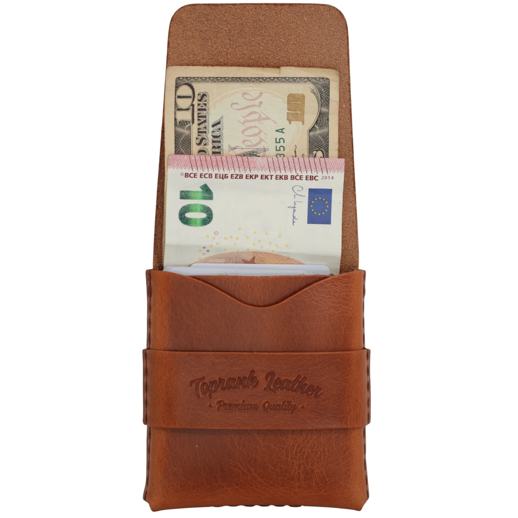 A brown leather card holder wallet with a strap closure embossed with 'Toprank Leather', shown open with a 10 Euro banknote tucked into one of its slots, on a plain white background. 