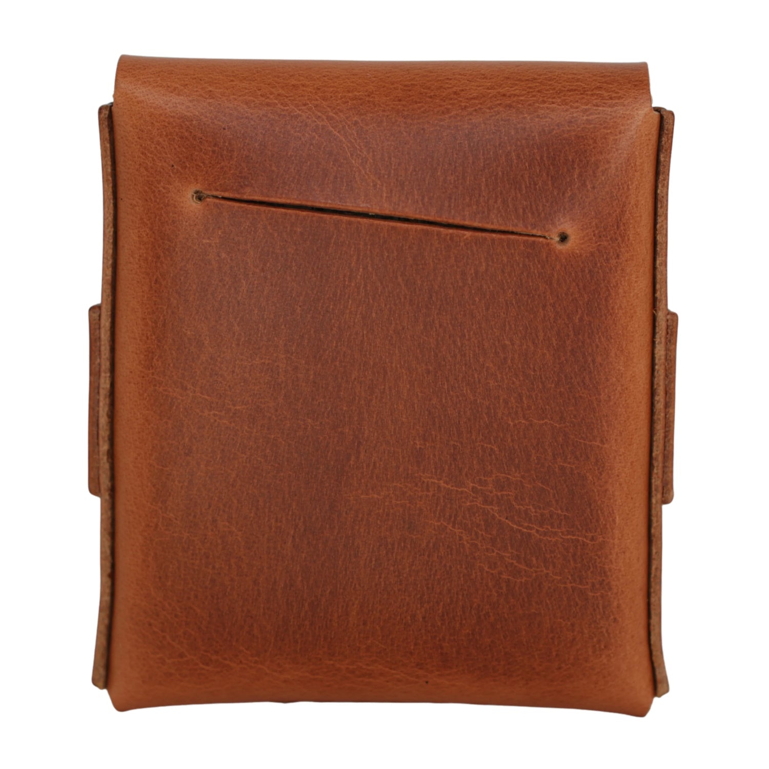 A brown leather pouch with a textured finish, featuring a horizontal stitched detail across the top front and side tabs, shown against a plain white background.