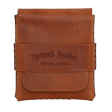 Slade Classic leather strap wallet in Camel, closed, with the embossed Toprank Leather logo on the strap. 