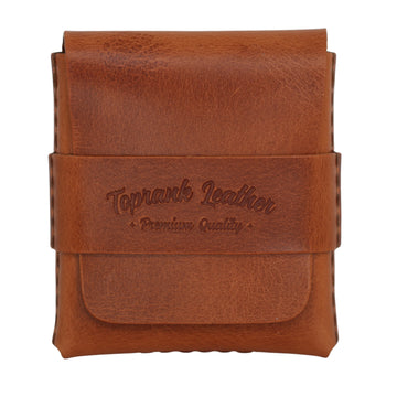 A brown leather card holder or small wallet with a strap closure, featuring an embossed logo that reads 'Toprank Leather' and 'Premium Quality' on a plain white background. 