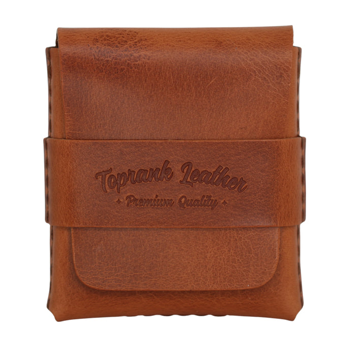 Slade Classic leather strap wallet in Camel, closed, with the embossed Toprank Leather logo on the strap. #Camel