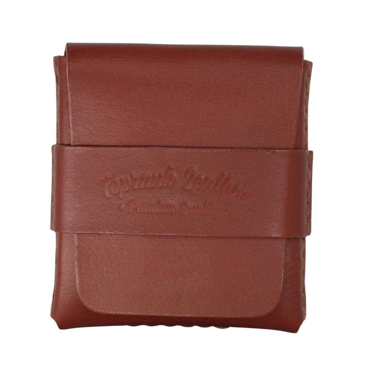 A brown leather card holder wallet with a strap closure embossed with 'Topants Leather' on a plain white background. 