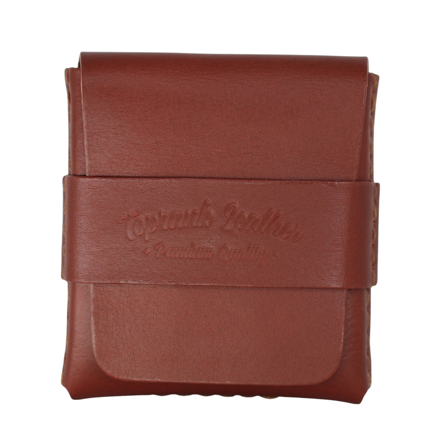A brown leather card holder wallet with a strap closure embossed with 'Topants Leather' on a plain white background.