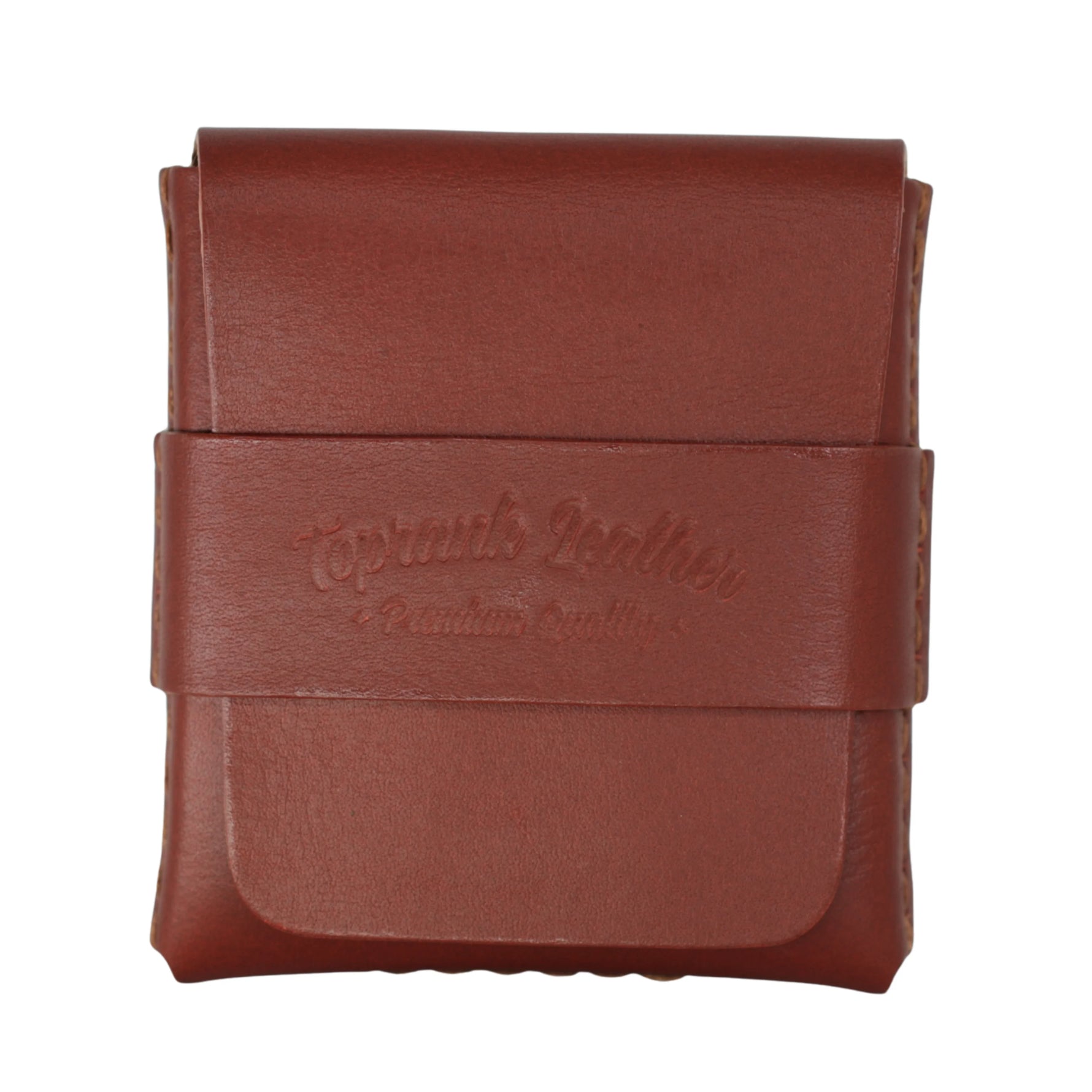 A brown leather card holder wallet with a strap closure embossed with 'Topants Leather' on a plain white background. 