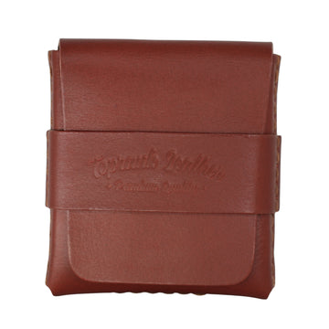 A brown leather card holder wallet with a strap closure embossed with 'Topants Leather' on a plain white background. 