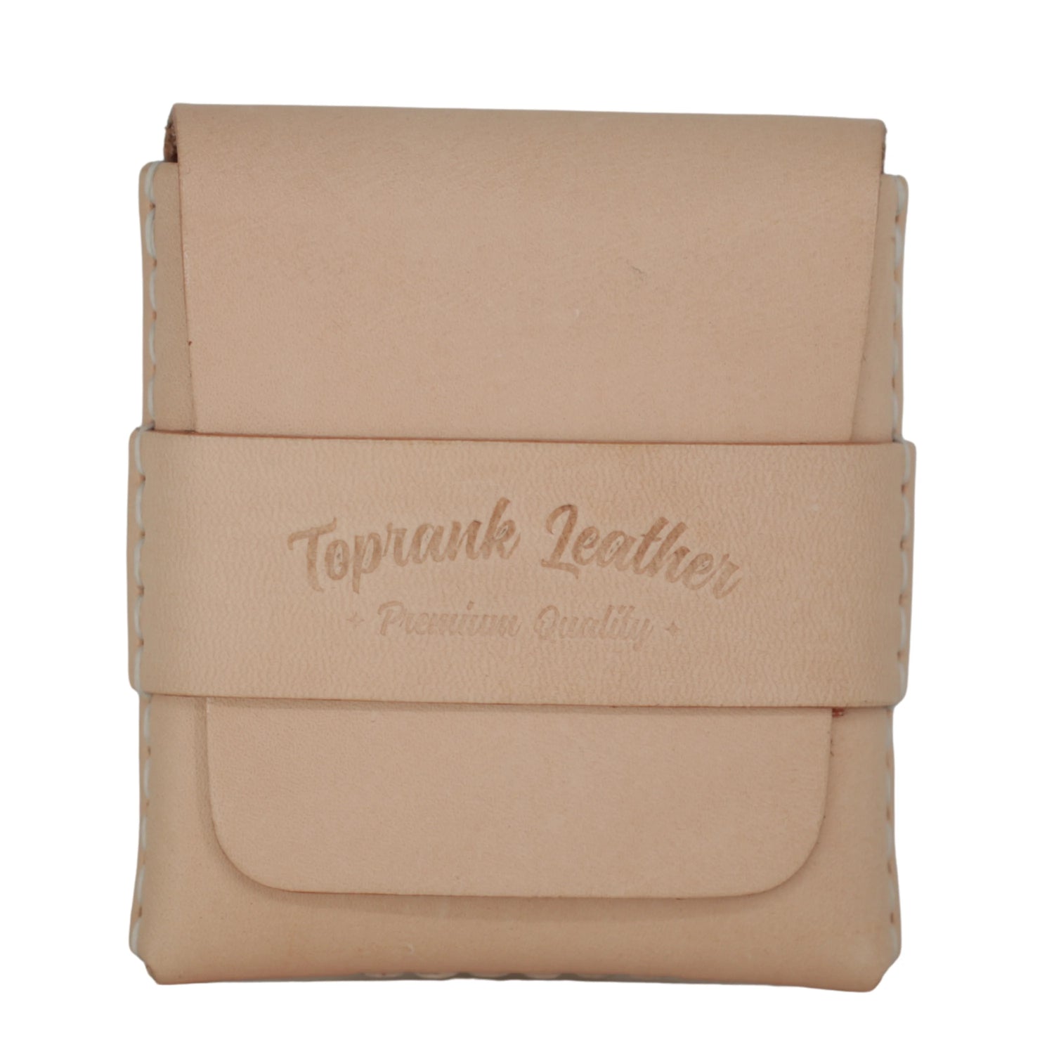 A light tan leather trunk pouch with a central strap embossed with the brand name 'Toprunk Leather' and 'Premium Quality', shown against a plain white background.