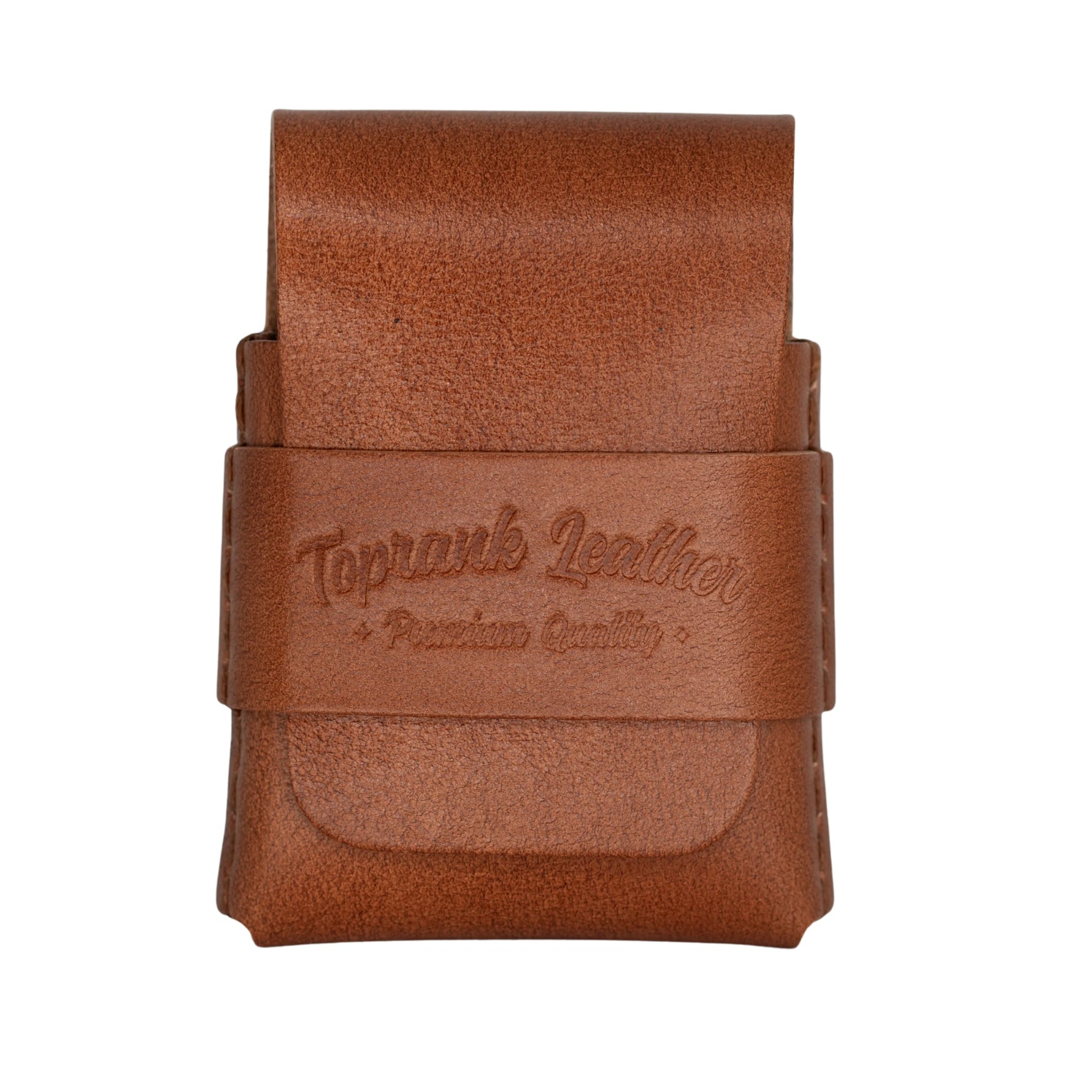 A brown leather card holder or wallet with a strap closure, featuring an embossed logo that reads 'Toprank Leather + Premium Quality +' on a plain white background. 