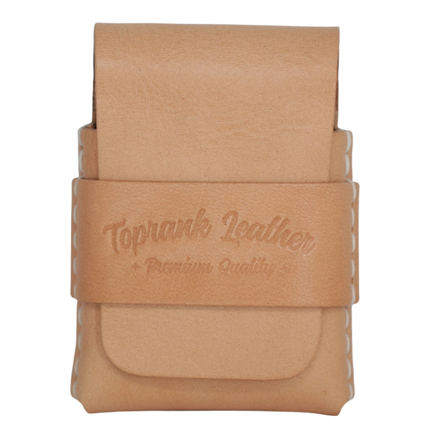 A tan leather card holder or wallet with a strap closure, featuring the brand name 'Toprank Leather' embossed on the front, set against a plain white background.