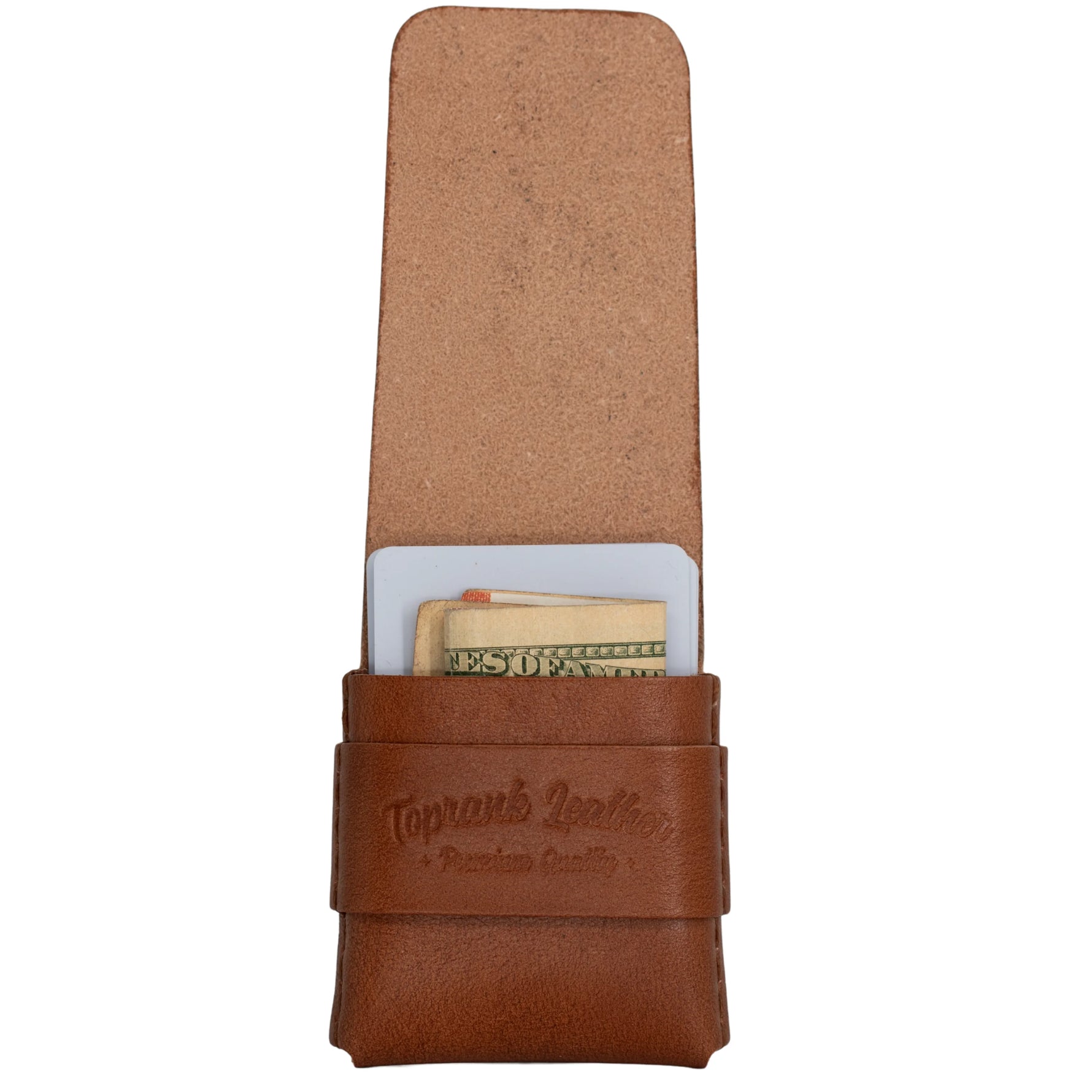 A brown leather card holder wallet with a strap closure, featuring an embossed 'Topra's Leather' logo. The wallet is shown open, displaying a tan interior and holding cards and cash inside, set against a plain white background. 