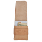 A tan leather card holder wallet with a strap closure embossed with 'Toprank Leather', shown open with cards and cash partially visible against a white background. 