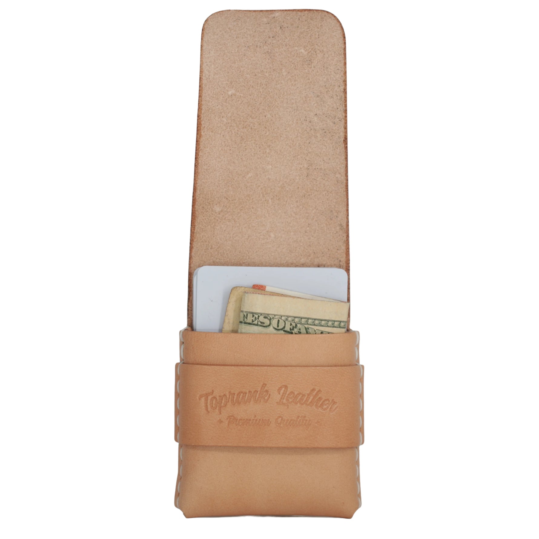 A tan leather card holder wallet with a strap closure embossed with 'Toprank Leather', shown open with cards and cash partially visible against a white background. 