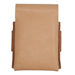 A tan leather pouch with dark brown leather trim and side tabs, shown against a plain white background. 