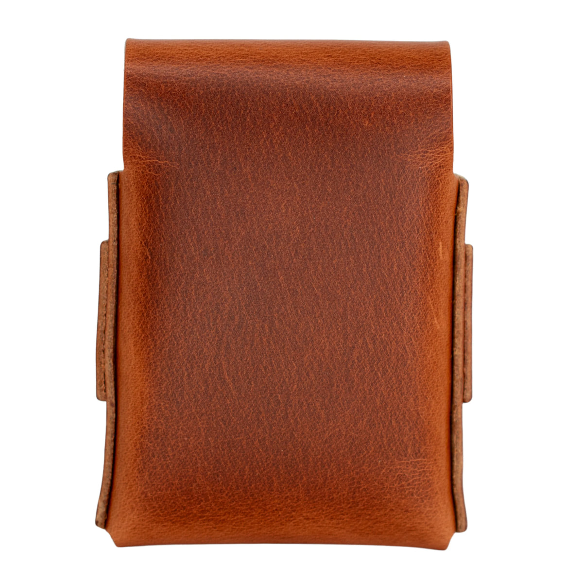 A brown leather pouch with a textured finish, featuring a top flap and side tabs, shown against a plain white background. 