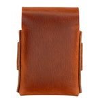 A brown leather pouch with a textured finish, featuring a top flap and side tabs, shown against a plain white background. 
