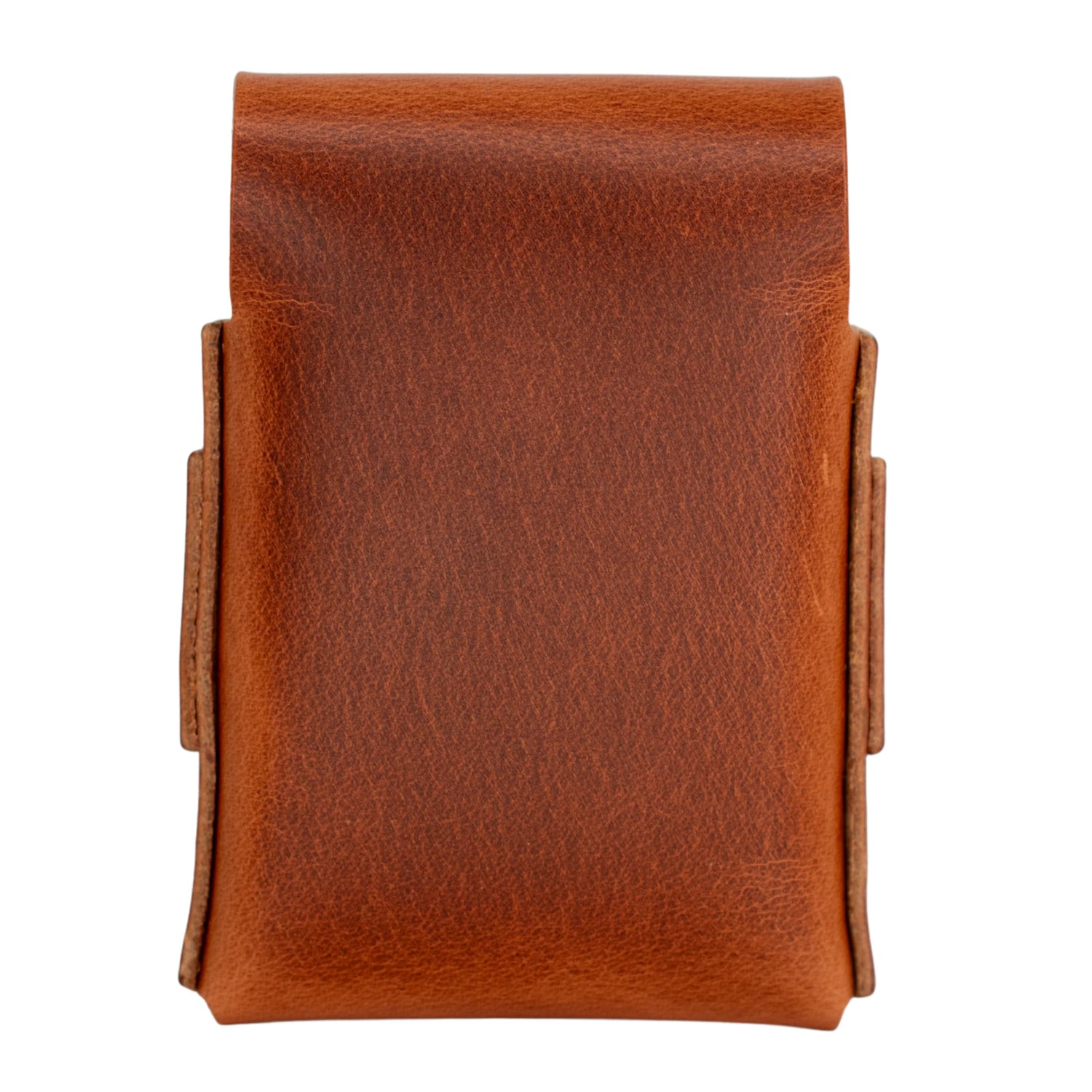 A brown leather pouch with a textured finish, featuring a top flap and side tabs, shown against a plain white background.