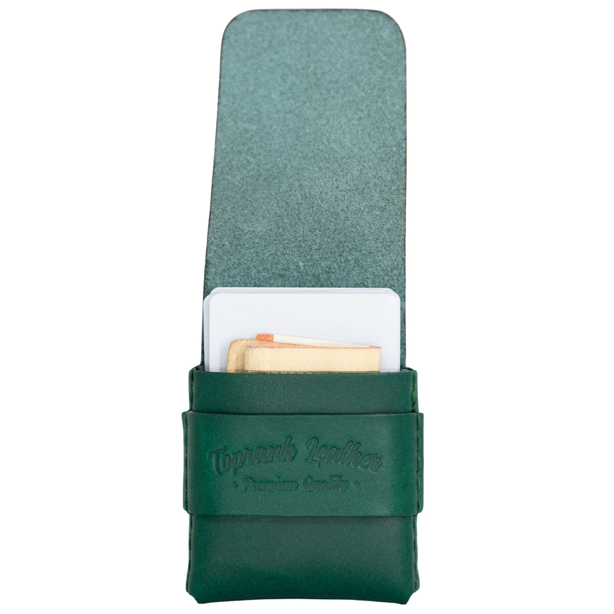 A dark green leather card holder or wallet with a strap closure, featuring the embossed brand name 'Topoint Leather' on the front, shown on a plain white background. 