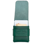 A dark green leather card holder or wallet with a strap closure, featuring the embossed brand name 'Topoint Leather' on the front, shown on a plain white background. 
