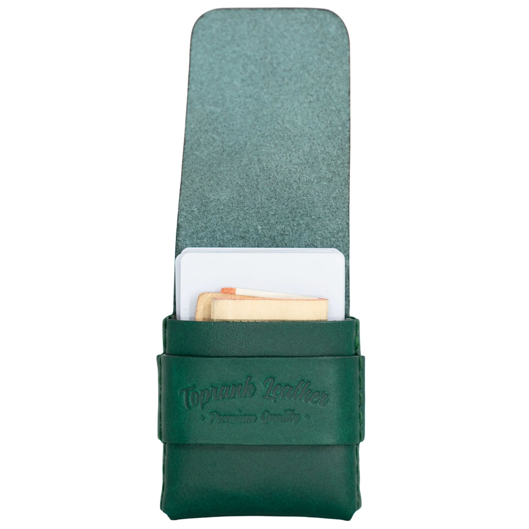 A dark green leather card holder or wallet with a strap closure, featuring the embossed brand name 'Topoint Leather' on the front, shown on a plain white background. 