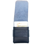 A black leather card holder wallet with a blue suede-like interior flap, holding a credit card and a dollar bill. The leather strap features an embossed logo reading 'Topman's Leather'. 