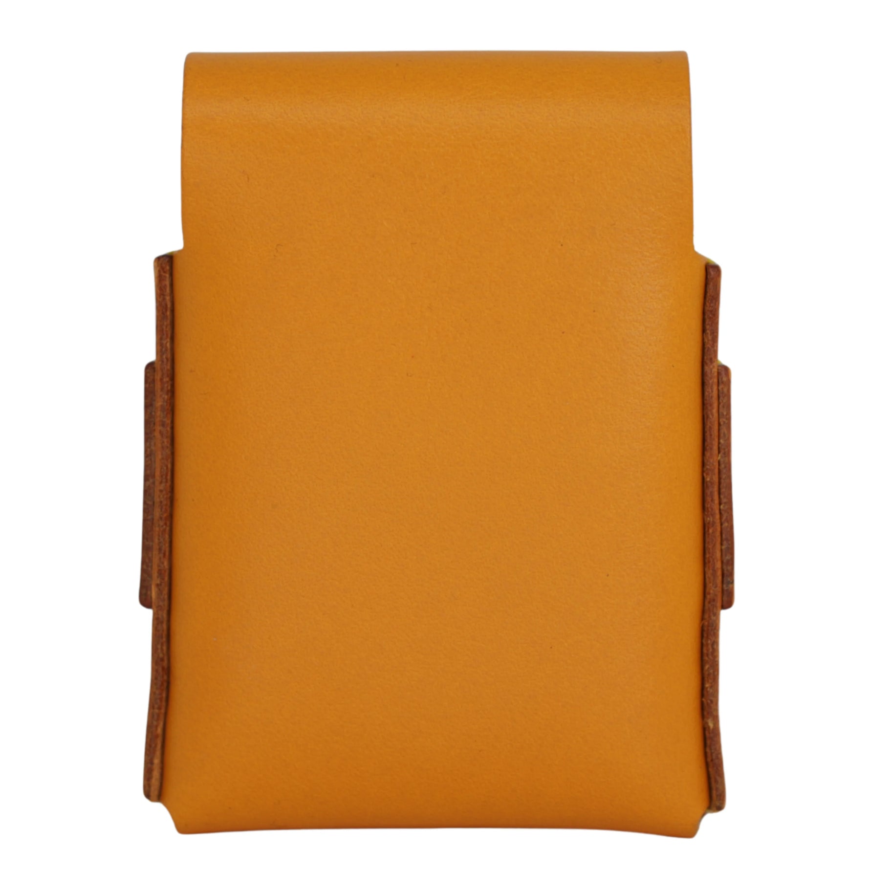 A mustard yellow leather pouch with brown leather side tabs, shown against a plain white background. 