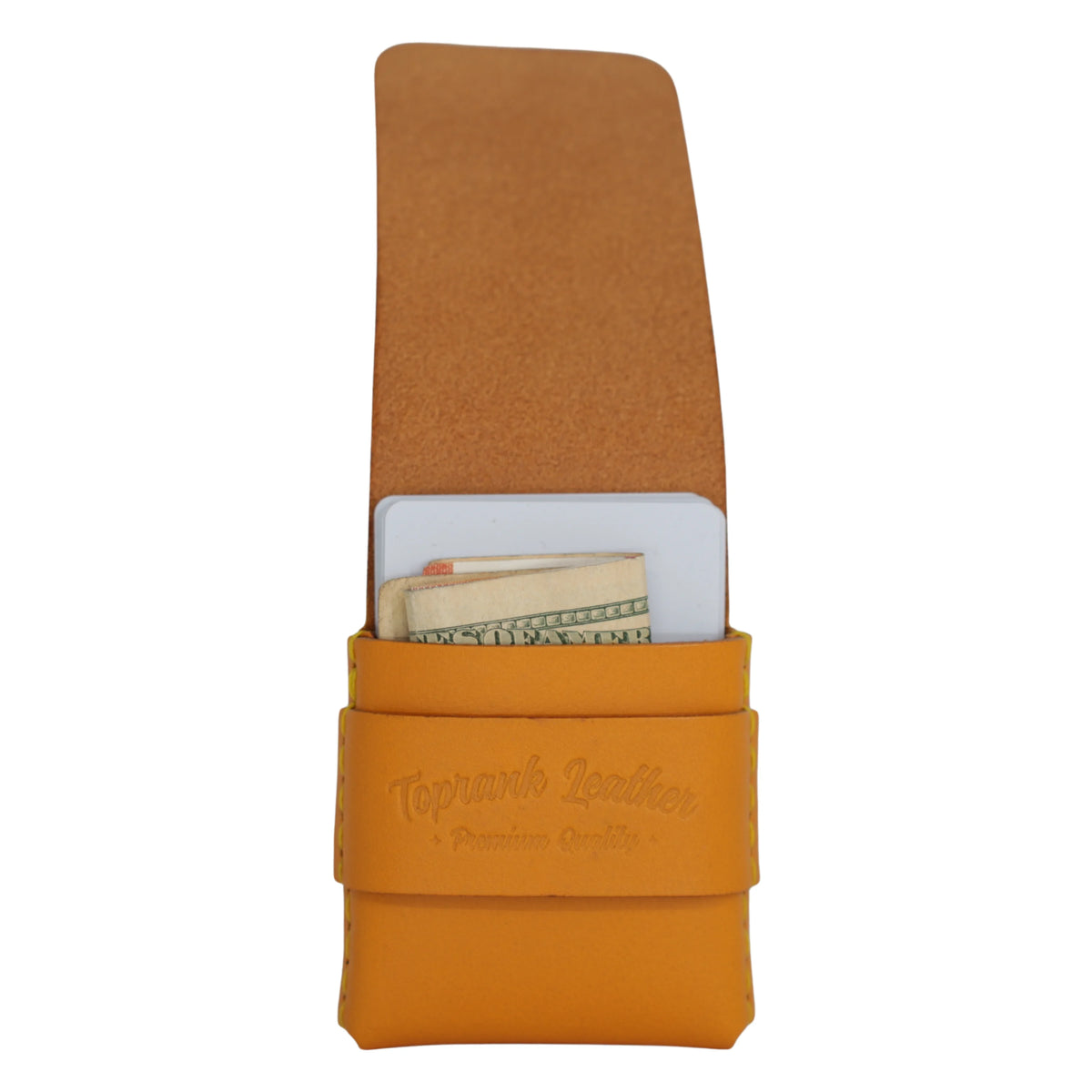 An open tan leather card holder or wallet with a strap closure, showing a card and cash inside, on a plain white background. The strap is embossed with the brand name 'Topmark Leather'. 