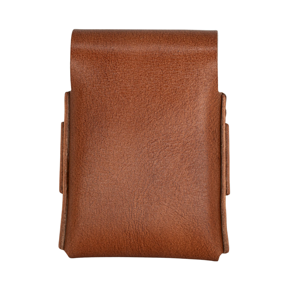 A brown leather pouch with a textured finish, shown against a plain white background. 