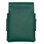 A dark green leather card holder or wallet with a textured finish and black stitched edges, shown against a plain white background. 