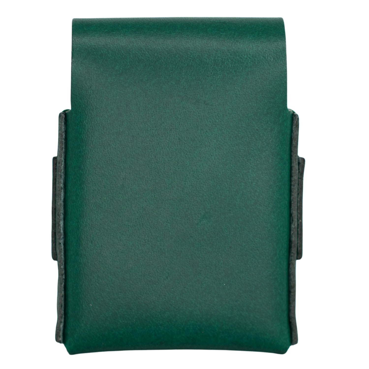 A dark green leather card holder or wallet with a textured finish and black stitched edges, shown against a plain white background.