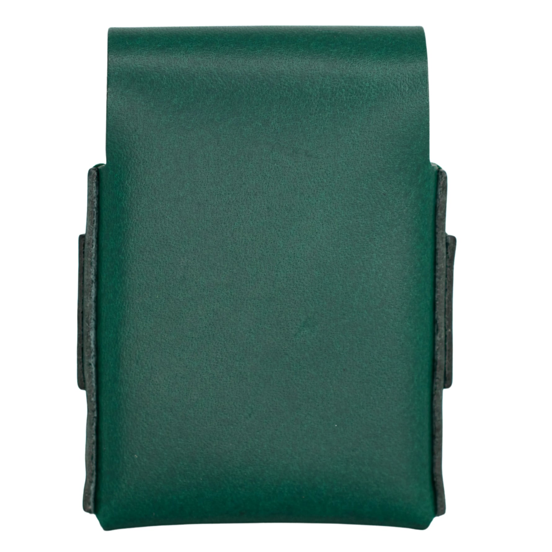 A dark green leather card holder or wallet with a textured finish and black stitched edges, shown against a plain white background. 