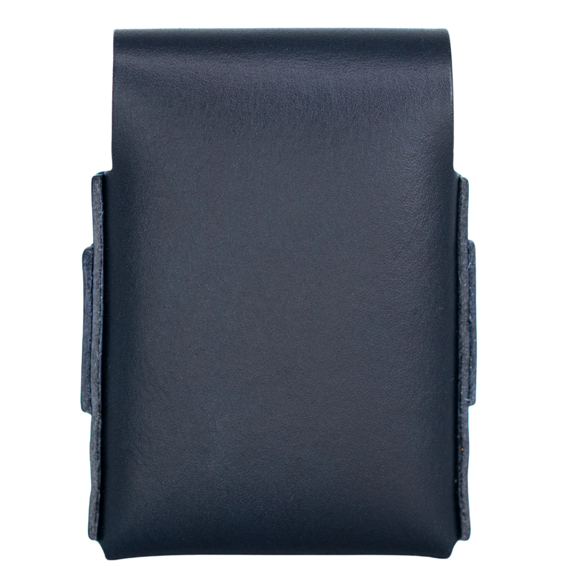 A dark navy blue leather pouch or belt clip shown flat against a solid white background. 