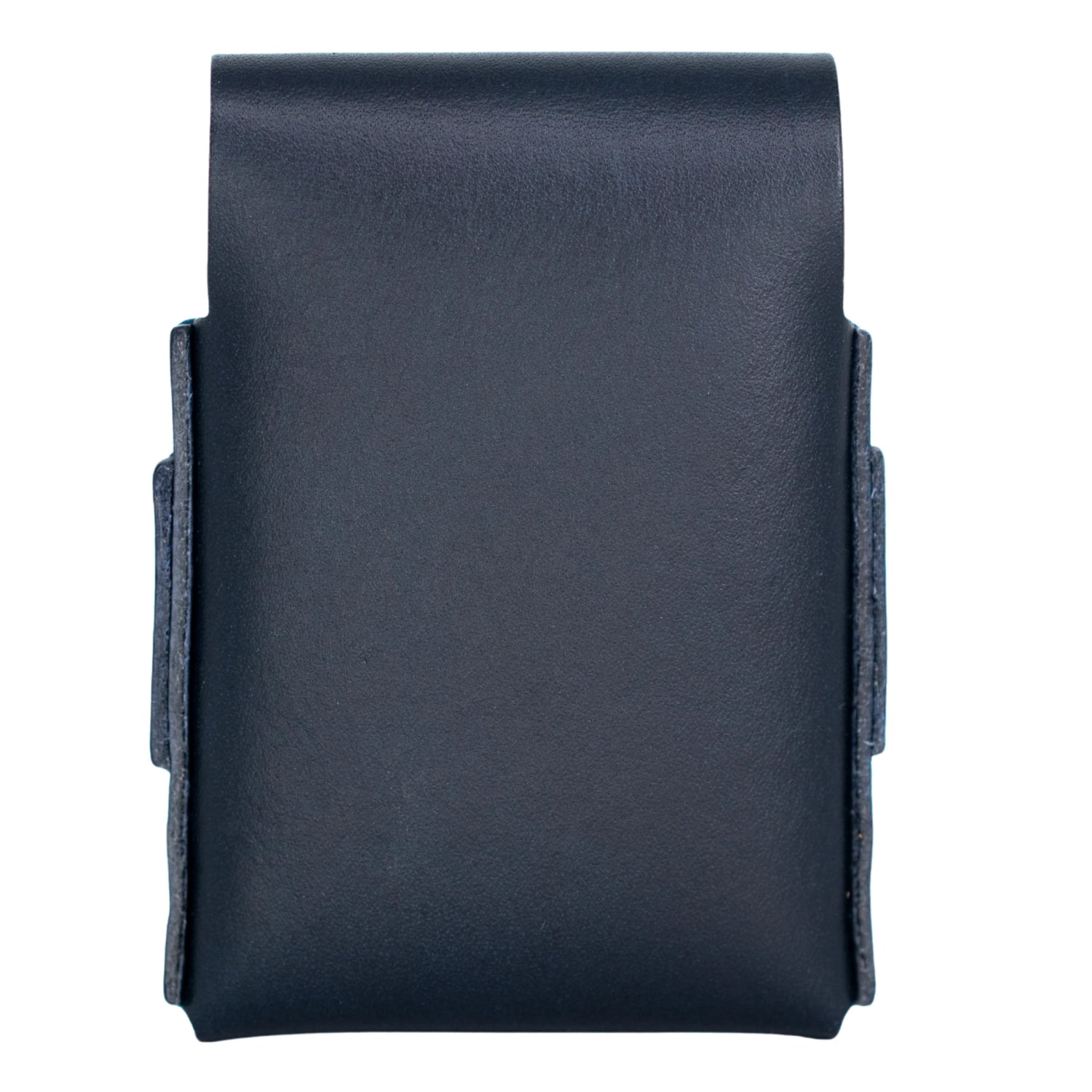 A dark navy blue leather pouch or belt clip shown flat against a solid white background.