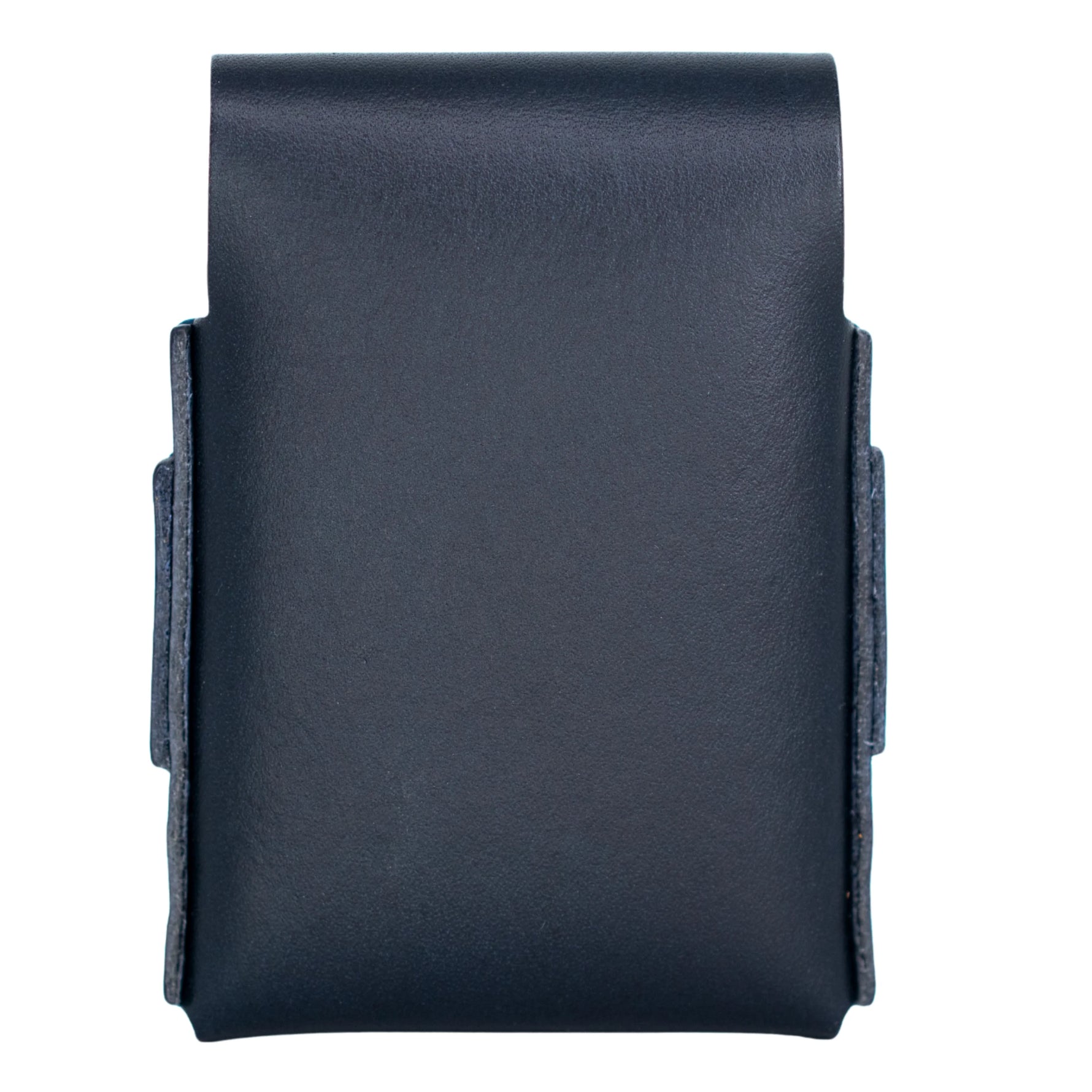 A dark navy blue leather pouch or belt clip shown flat against a solid white background. 