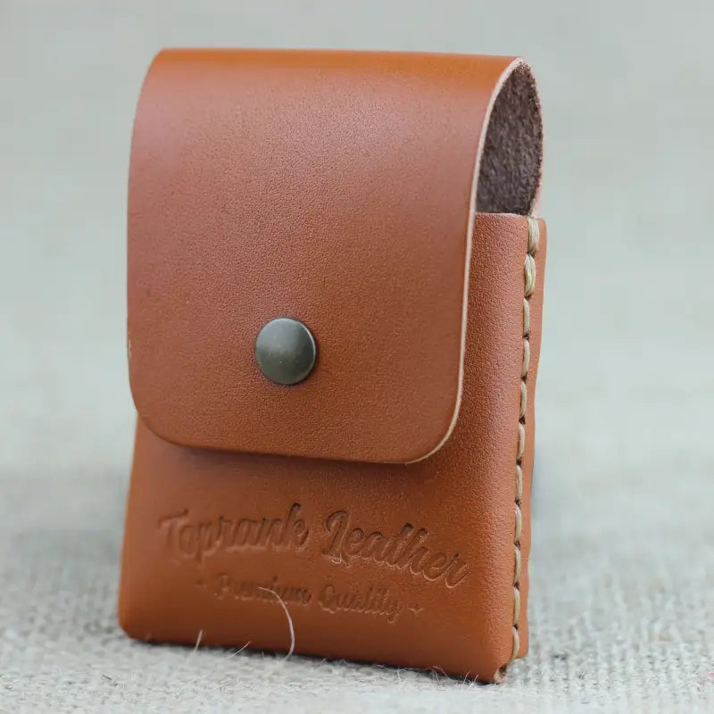Brown leather pouch with button closure, stylish handmade leather cardholder for cards