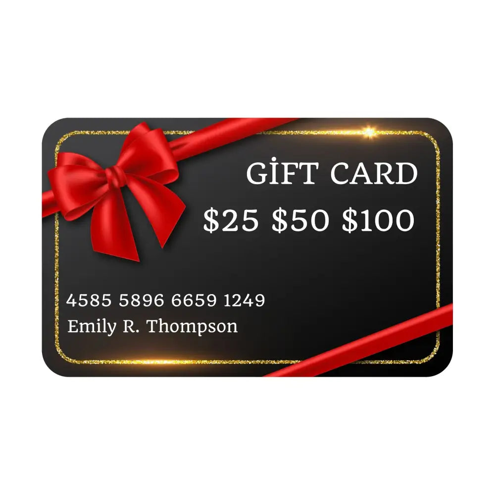 Black Toprank Leather Gift Card with red bow and gold trim featuring $25, $50, $100