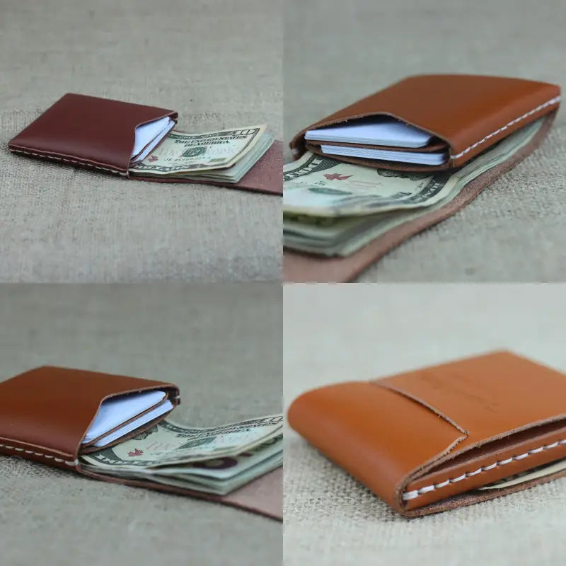 Handmade full-grain leather wallet in chestnut brown with a slim, minimalist design, crafted by Toprank Leather.